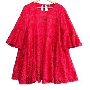 FREE PEOPLE Le Fleur Red Lace Babydoll Dress Size Large Romantic Boho A-Line